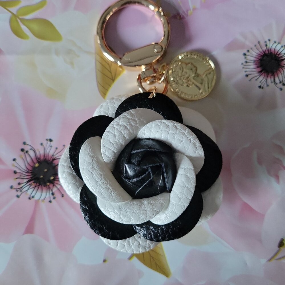 Handmade Black & White Camellia Leather Flower Keychain w Gold Coin Charm - Picture 3 of 7